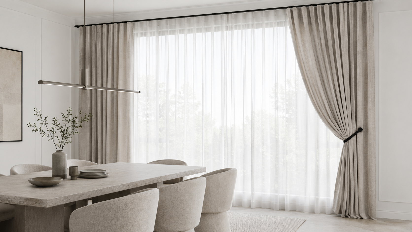 Neutral dining room curtains with sheer panels, linen drapes and a black curtain holdback