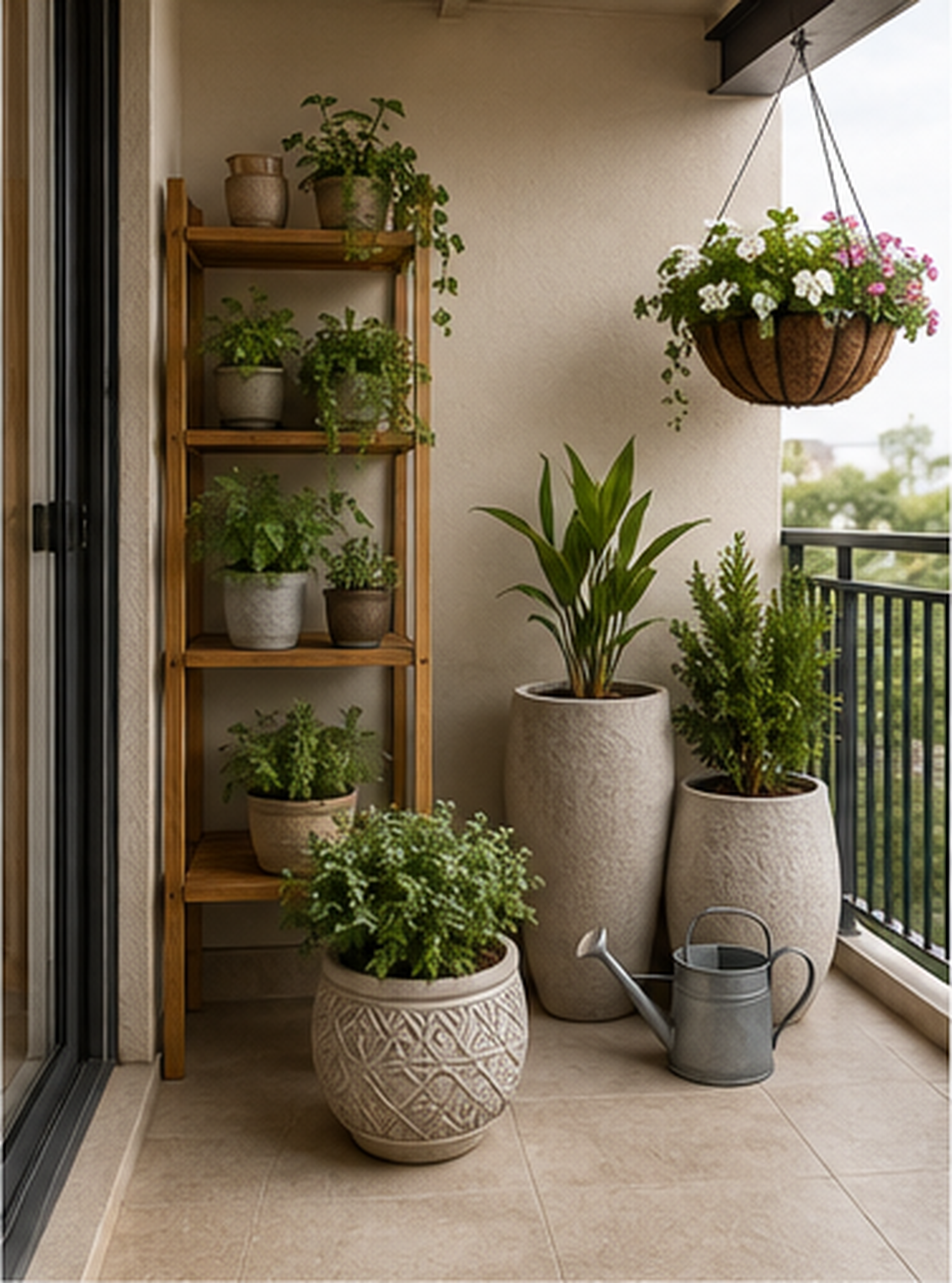 Tiered balcony garden with wooden plant shelving, hanging planter and ceramic outdoor planters