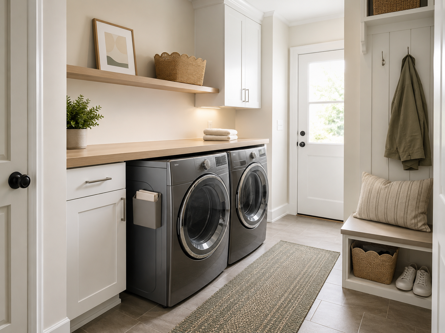 Modern laundry mudroom with magnetic holder, scalloped basket, small faux plant and wooden picture frame