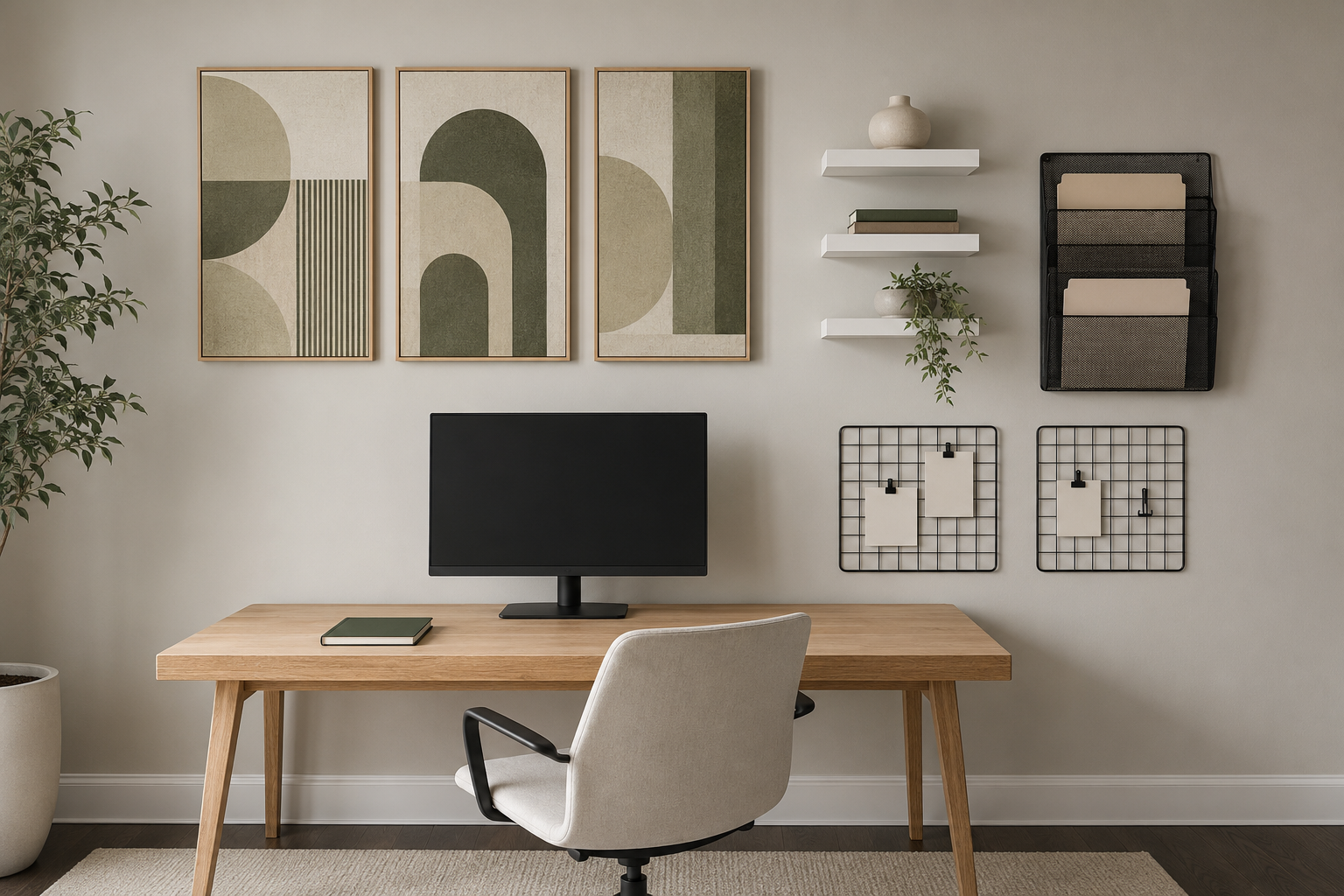 Creative office wall with green geometric art, white floating shelves, mesh file organizer and black wire grids.