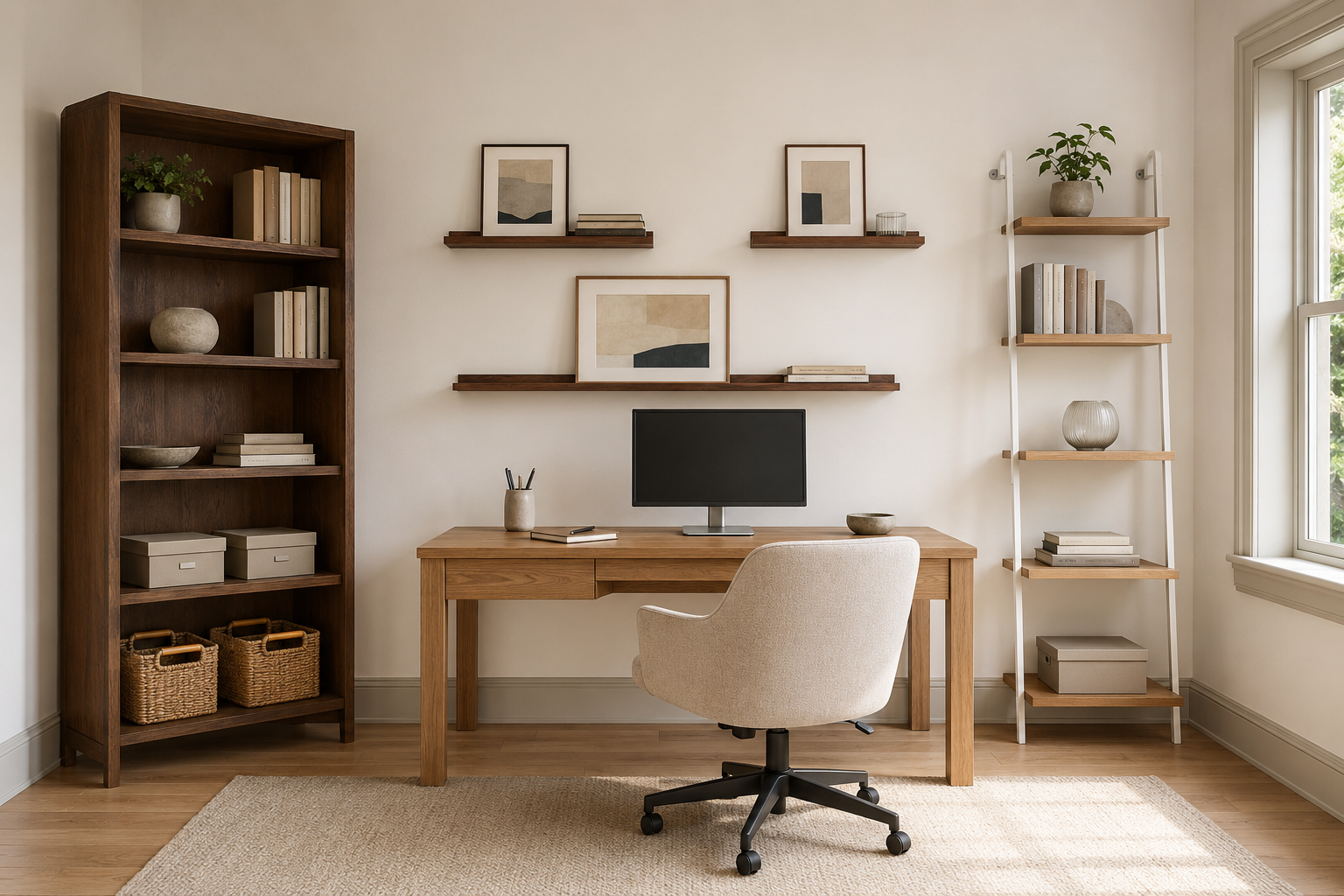 Warm home office with a wood bookcase, white ladder shelf, picture ledges and woven storage baskets