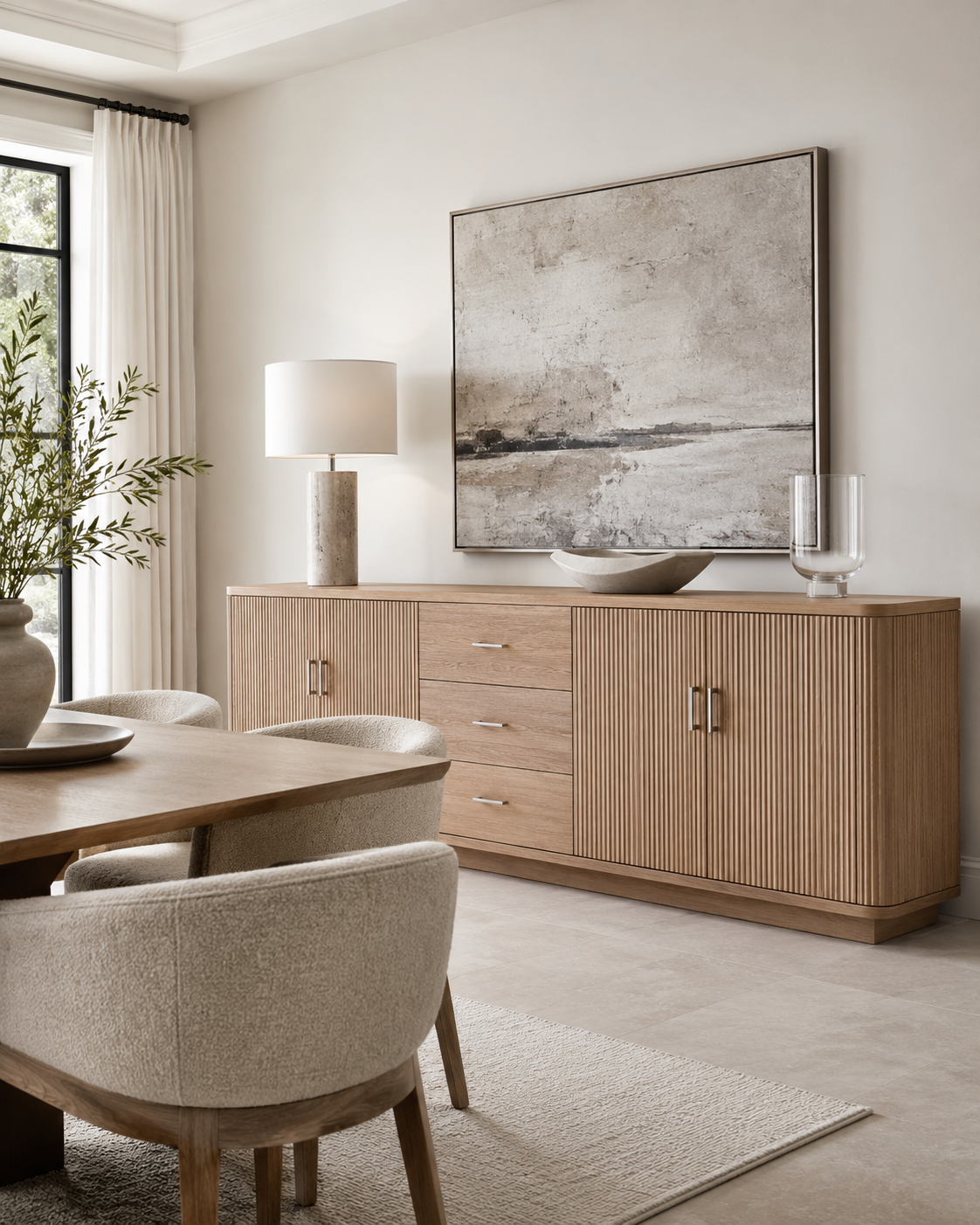 Ready-to-serve dining room sideboard with drawers, cabinet storage and a styled serving surface