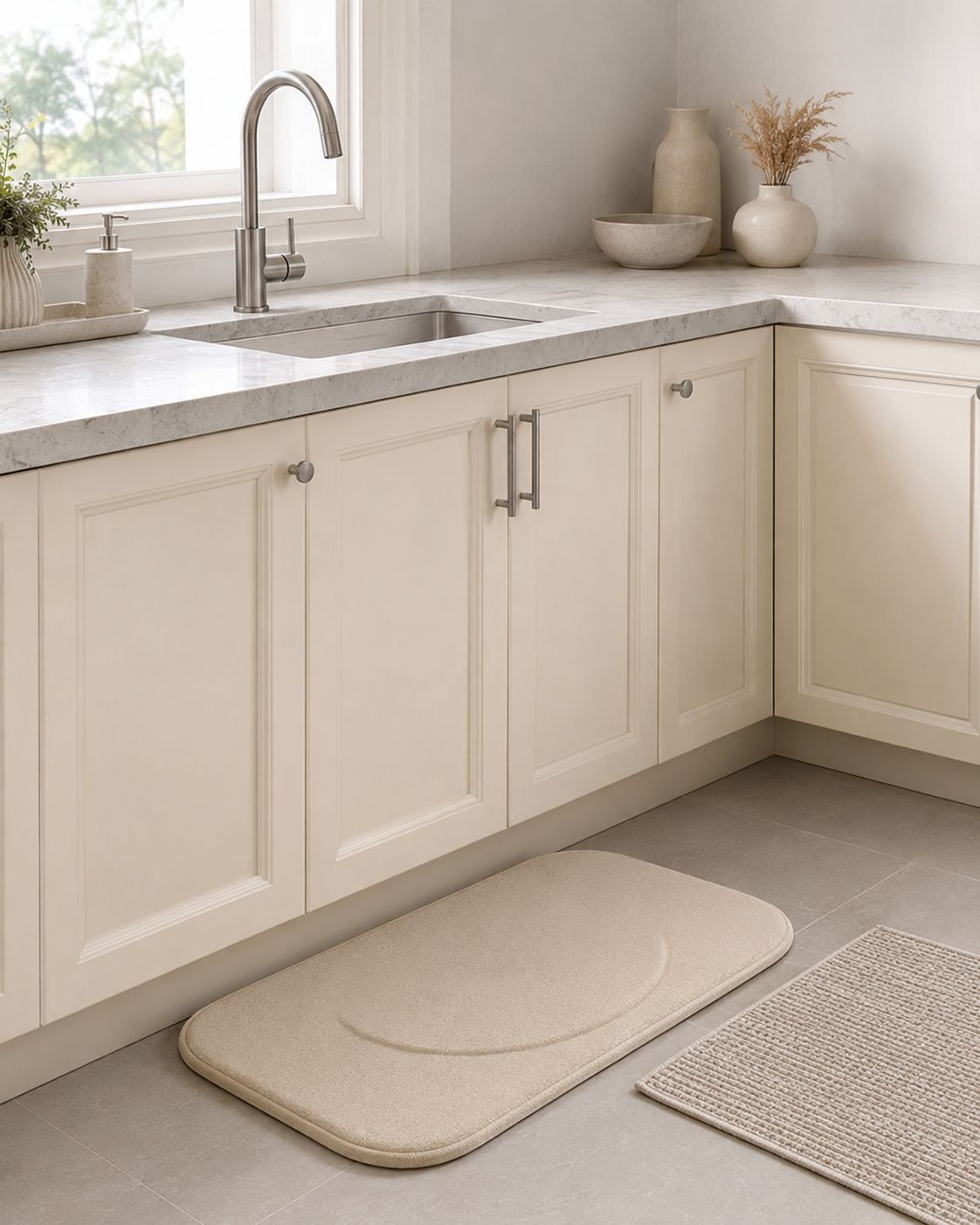 Cushioned anti fatigue kitchen mat in front of sink with neutral washable kitchen rug nearby