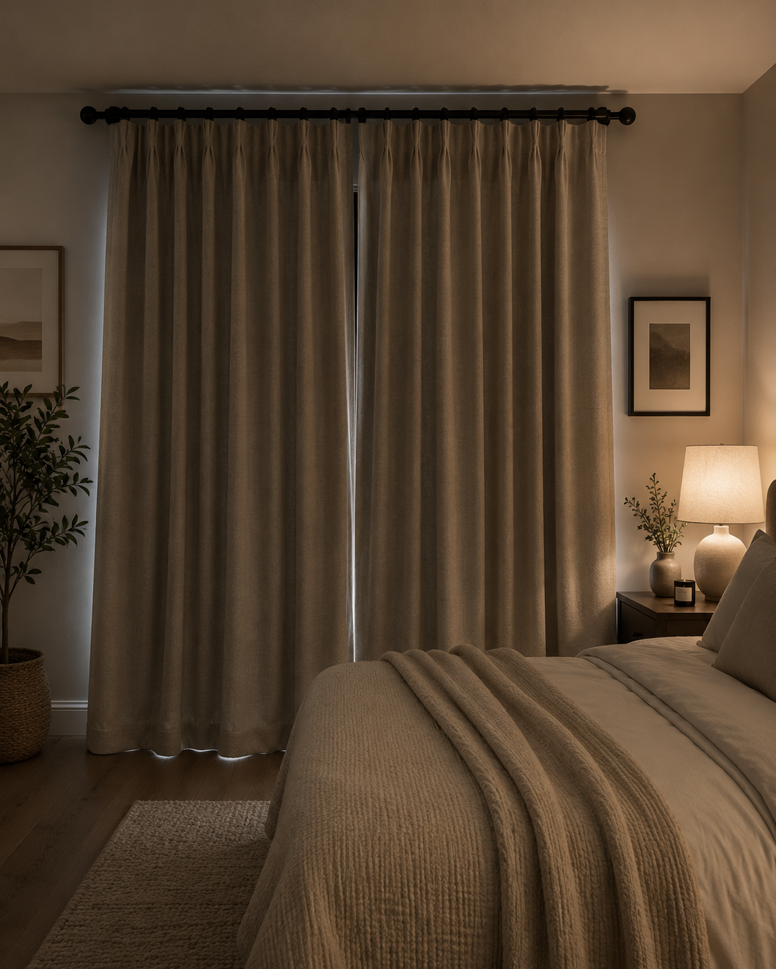 Beige blackout curtains fully drawn in a calm bedroom with neutral bedding and soft evening lighting.