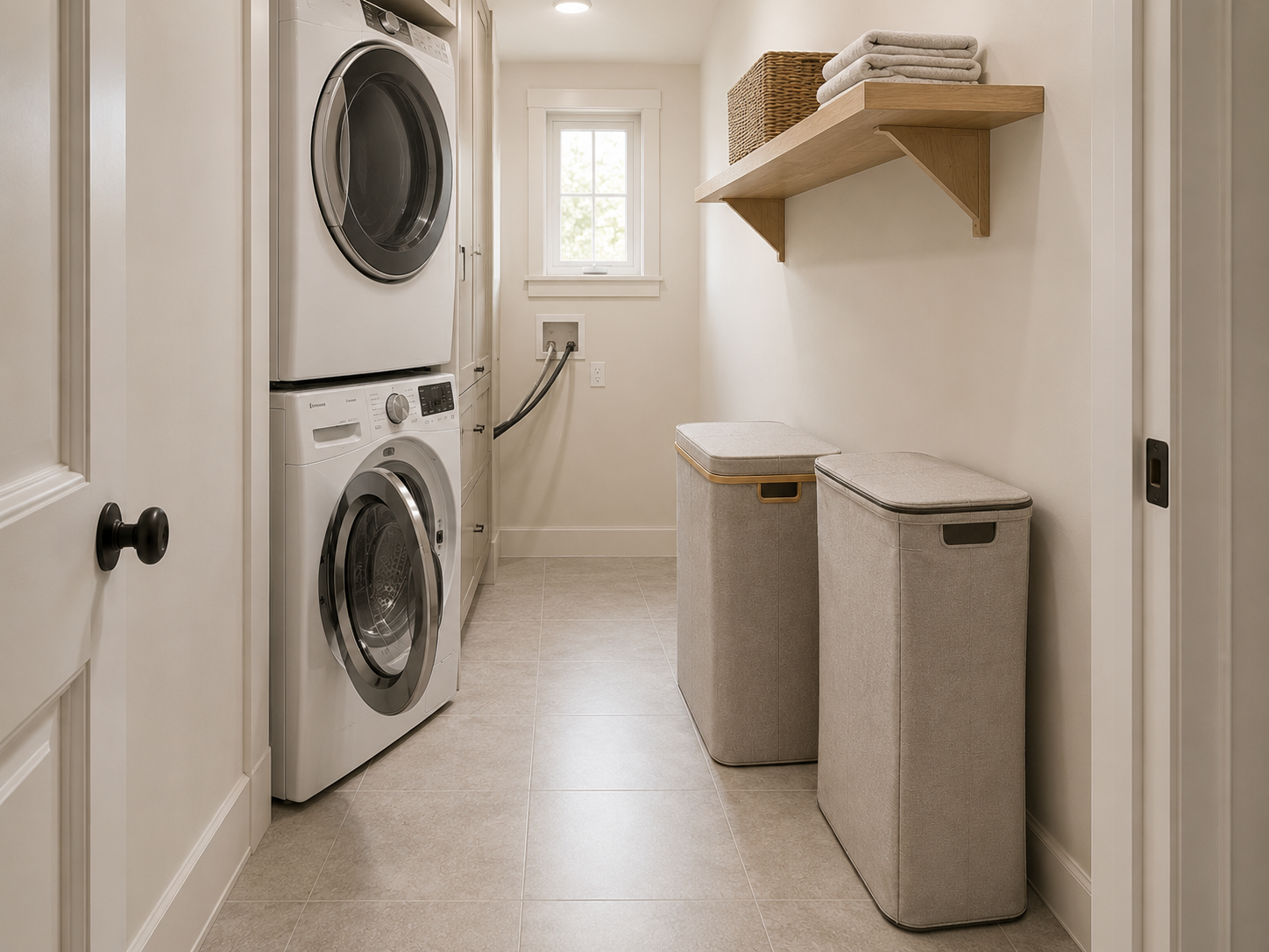 Narrow laundry passage with stacked appliances and two slim lidded hampers positioned along the opposite wall.