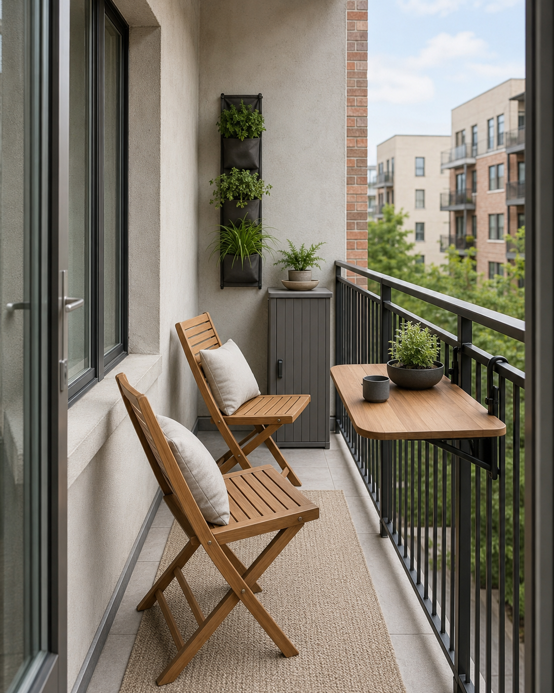 Small balcony with folding chairs, a railing table, vertical planter, narrow storage and compact rug