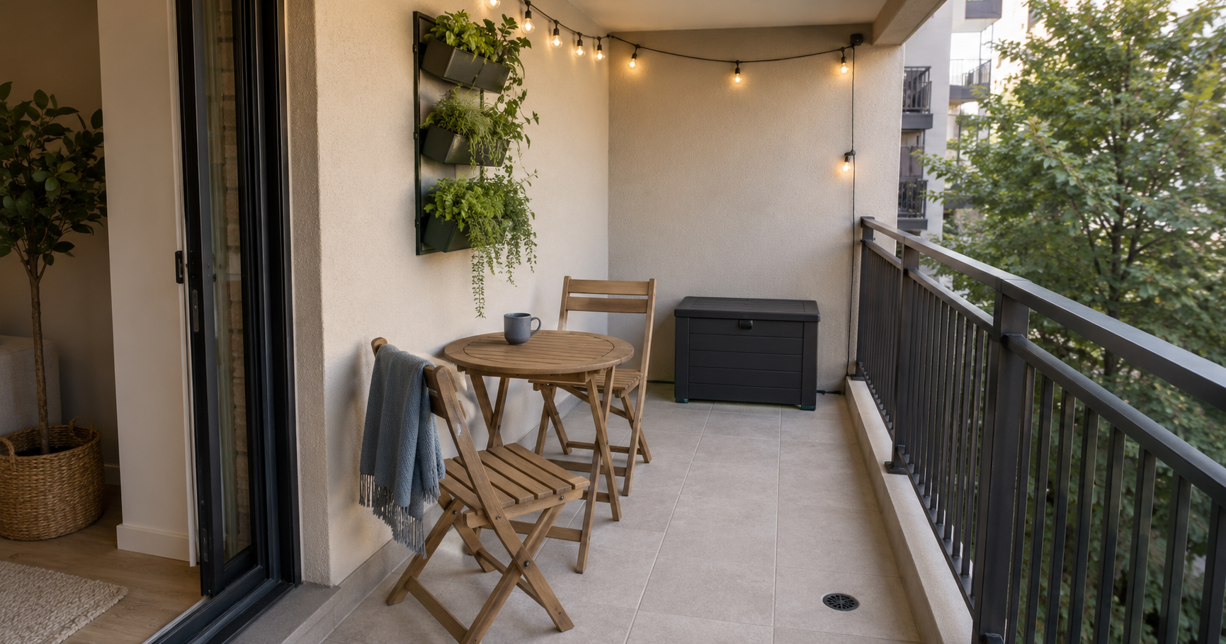 Small balcony solutions with a folding bistro set, compact storage box, wall planter and string lights beside a clear walkway.