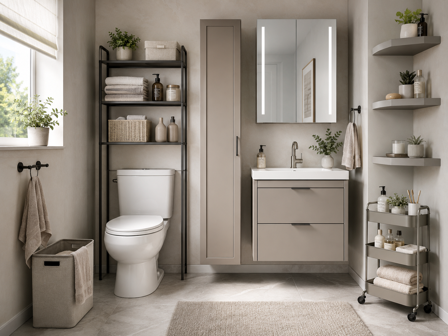Small bathroom solutions with over-toilet rack, slim cabinet, shelves, compact vanity, and storage cart.