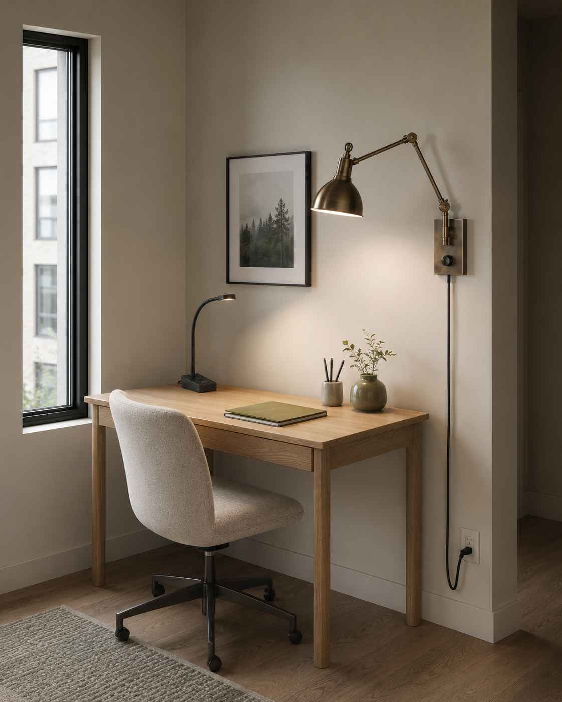 Small home office corner with a rechargeable desk lamp and adjustable plug-in bronze wall light.