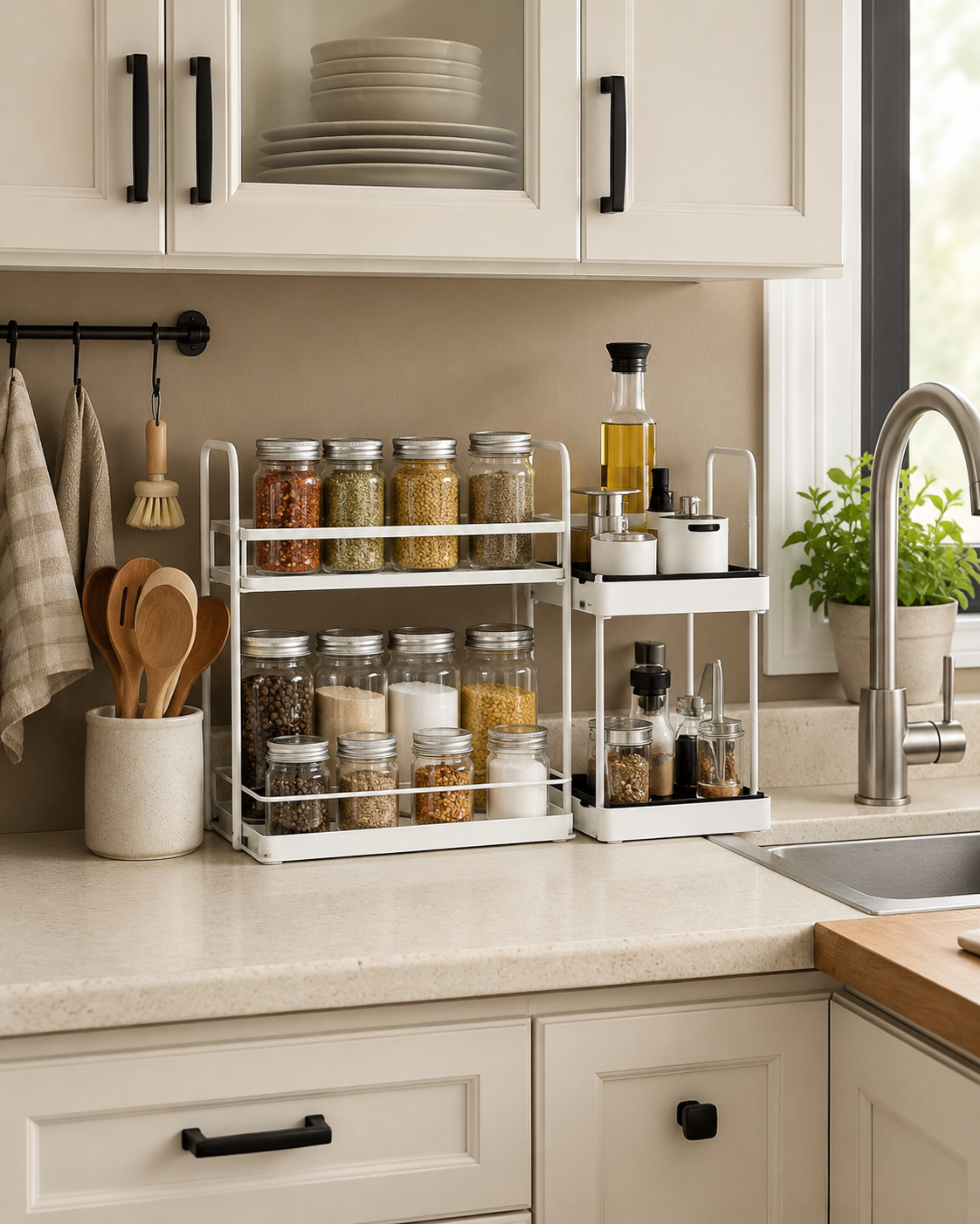 Small kitchen countertop organization with white shelf riser, spice rack, glass canisters, tray, oil bottle, and utensil holder.