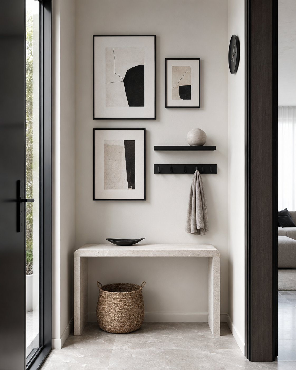 Small entryway gallery wall with framed abstract art, slim shelf, hook rail and pale stone console.