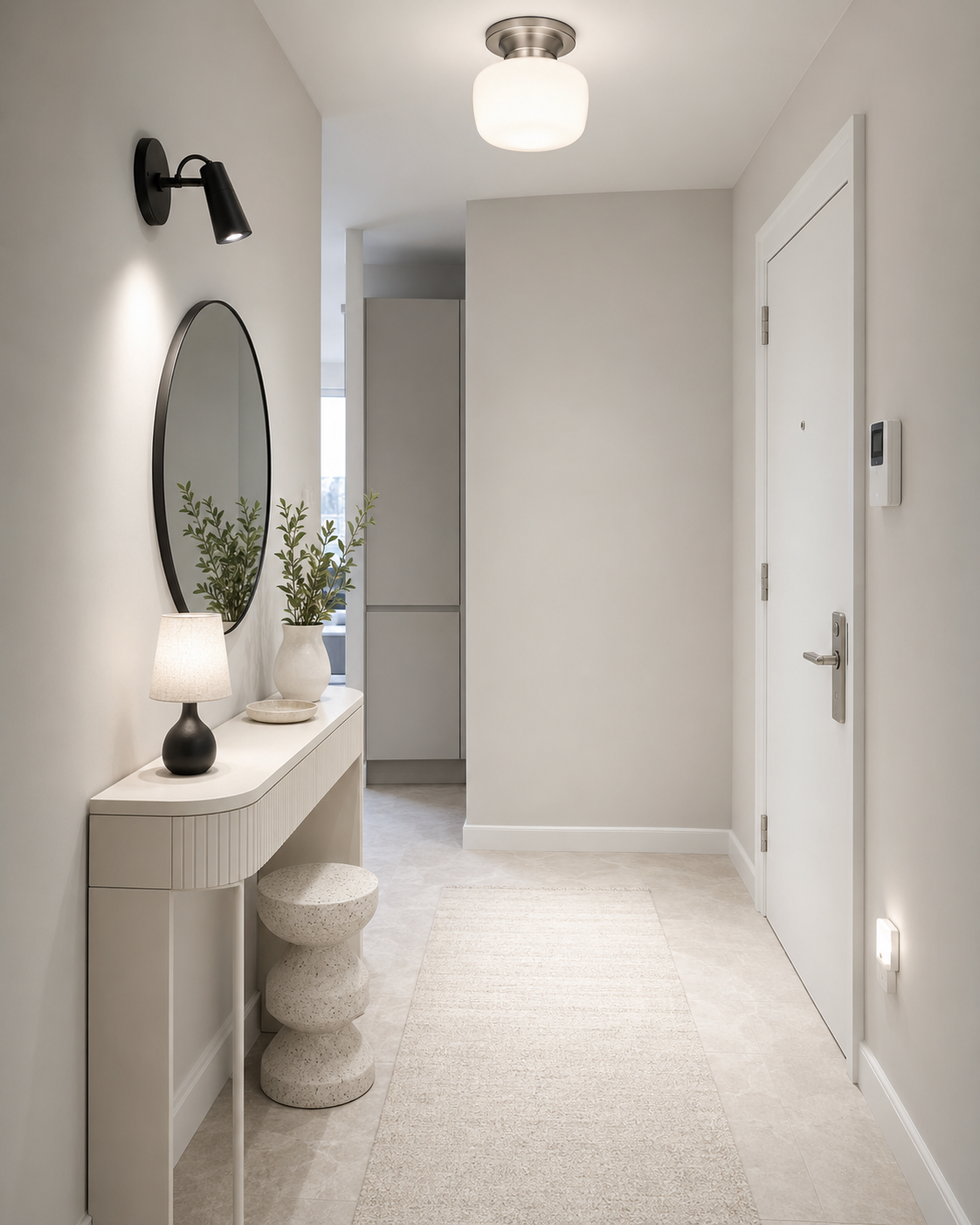 Small modern apartment entryway with compact ceiling light, black wall sconce, console lamp, and night light