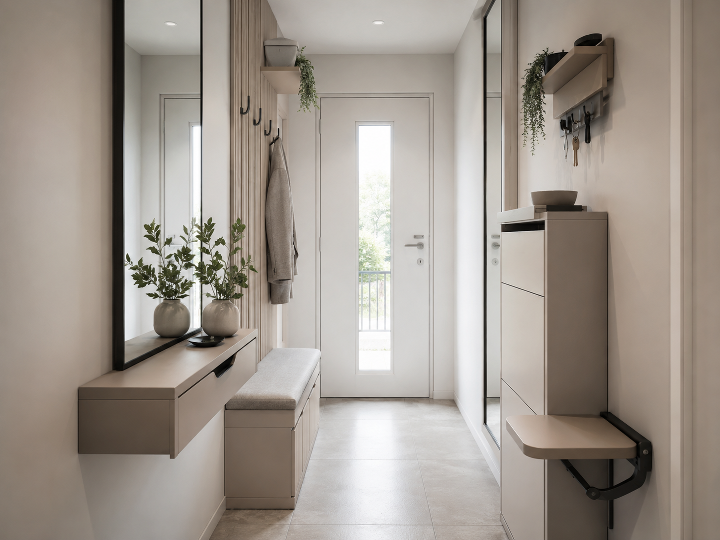 Narrow entryway with a floating console, slim shoe cabinet, wall hooks, full-height mirror and folding stool