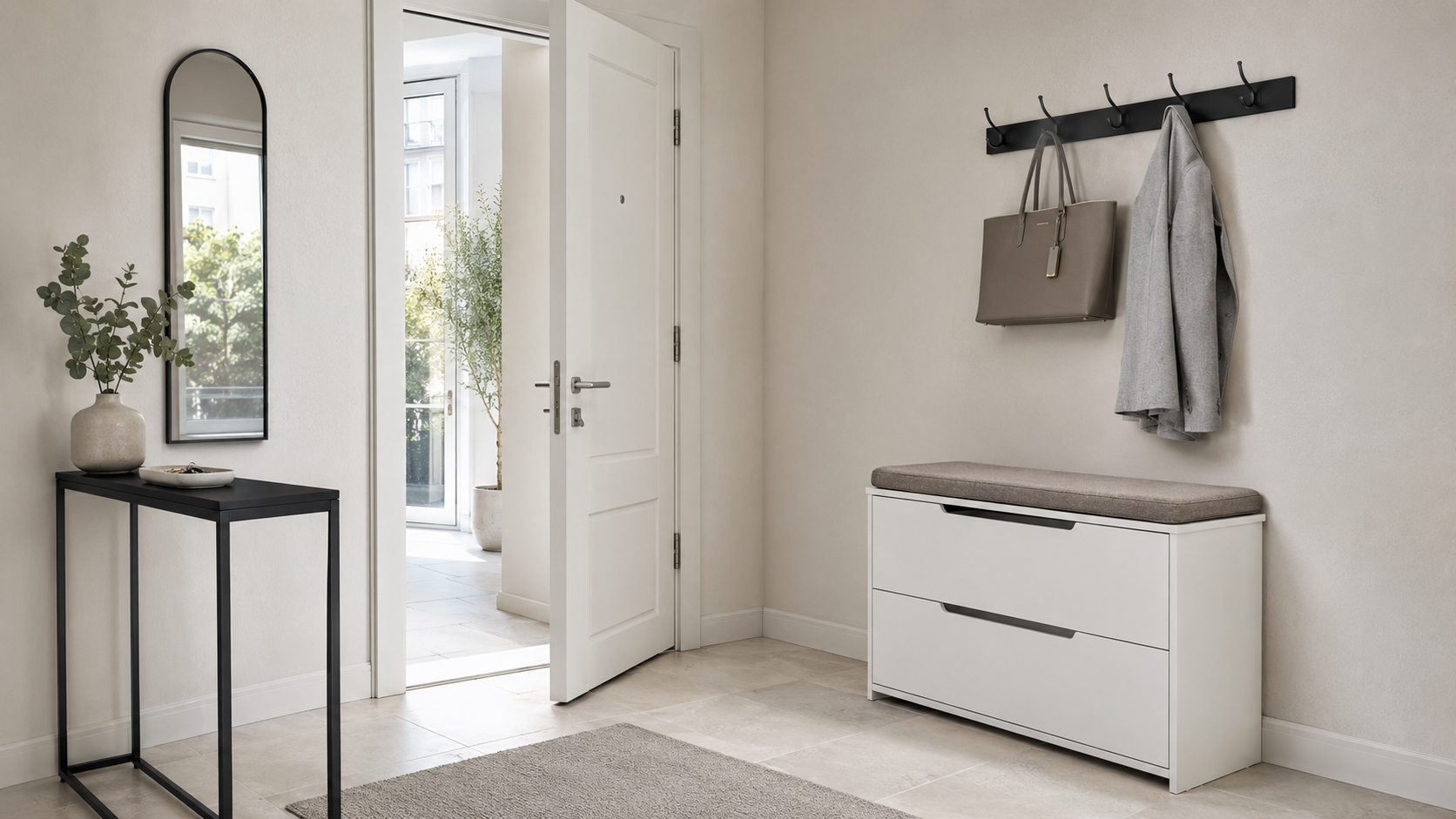 Small entryway solutions with slim console, shoe bench, wall hooks and full-length mirror