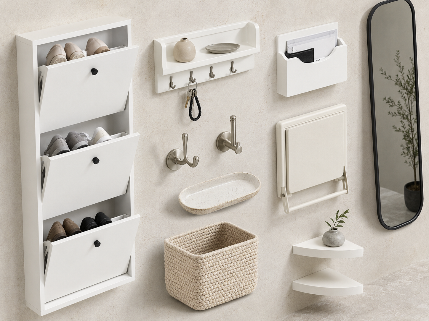 Small entryway storage moodboard with shoe cabinet, wall shelves, hooks and folding seat
