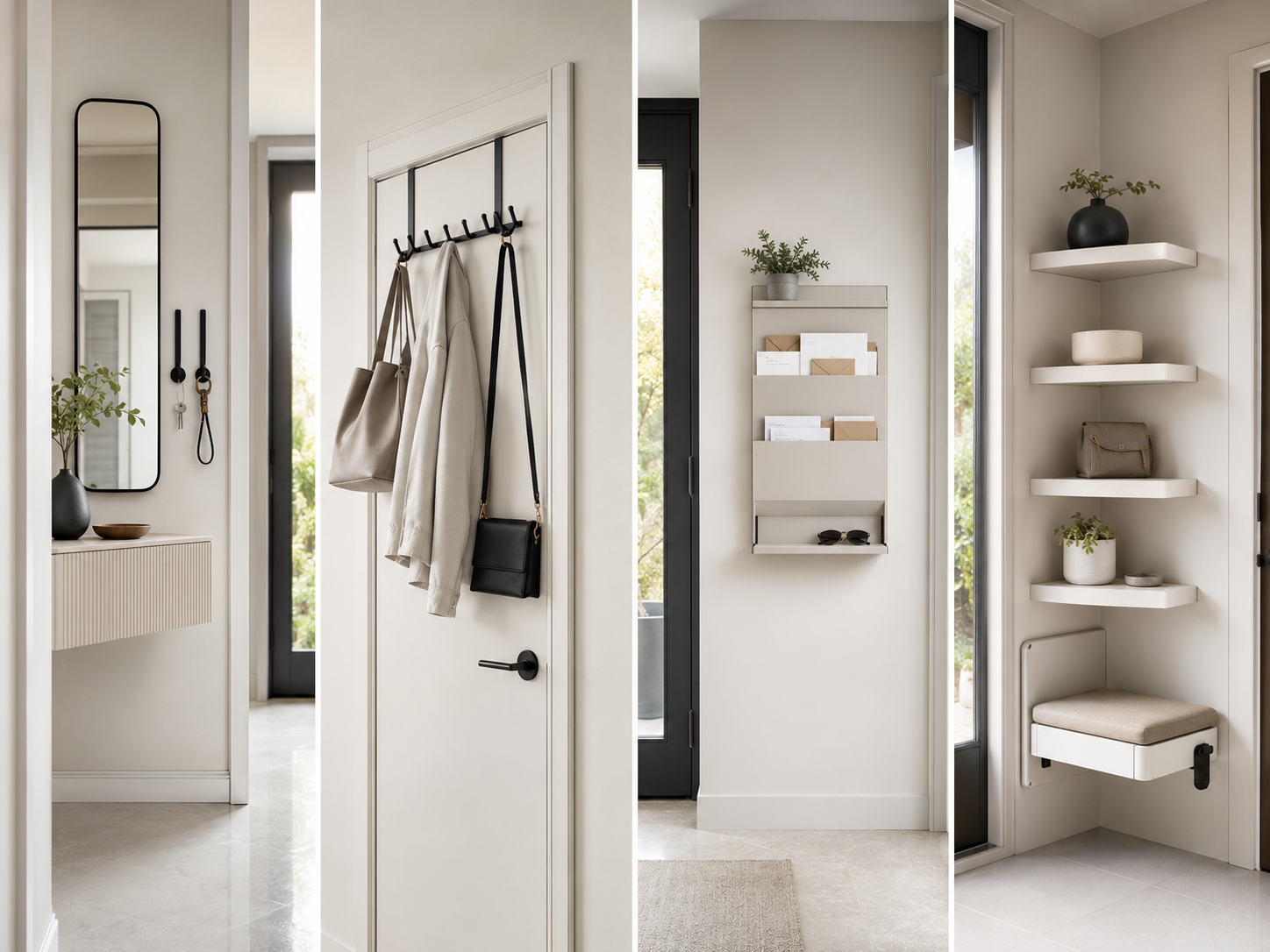 Small entryway space leak problem solver with vertical storage and fold-away seating