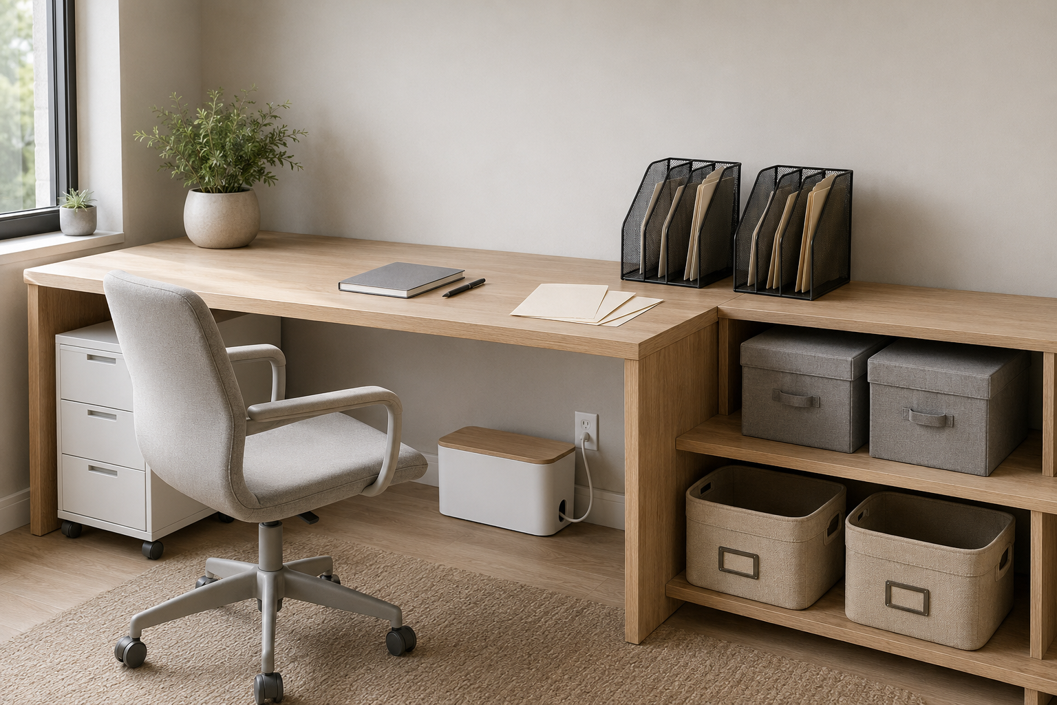 Small office with document sorters, grey lidded bins, sand-colored baskets, a white file cabinet and a cable-management box.