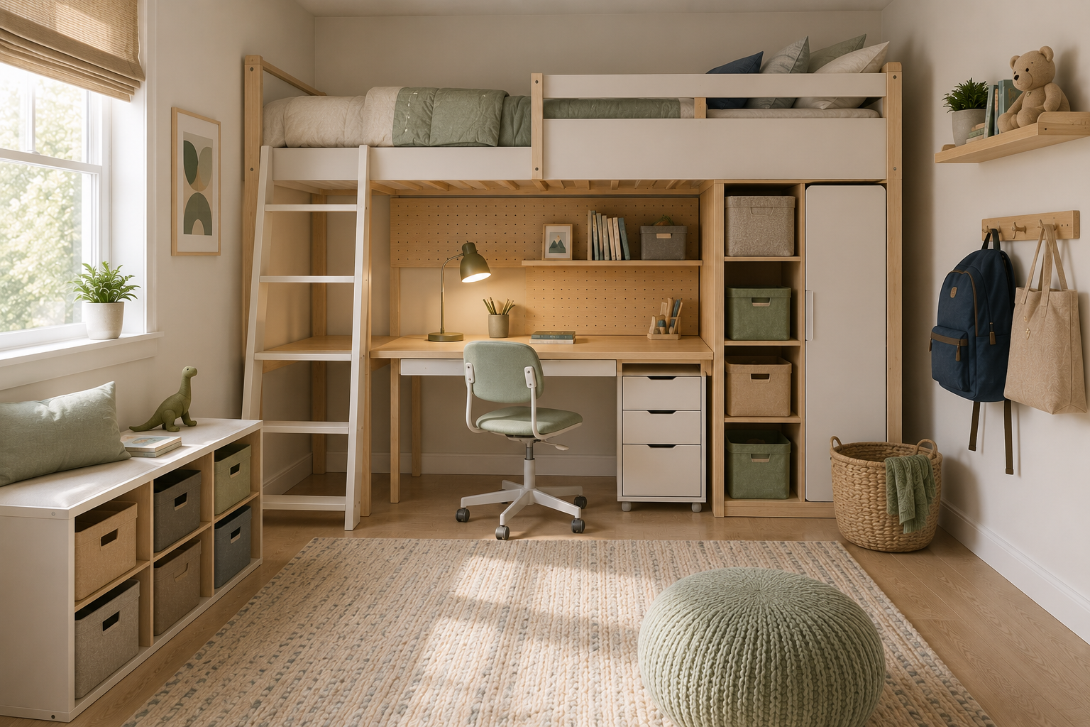 Modern compact kids room with a loft bed, integrated desk, vertical cabinets, drawer storage and an open rug-covered floor zone.