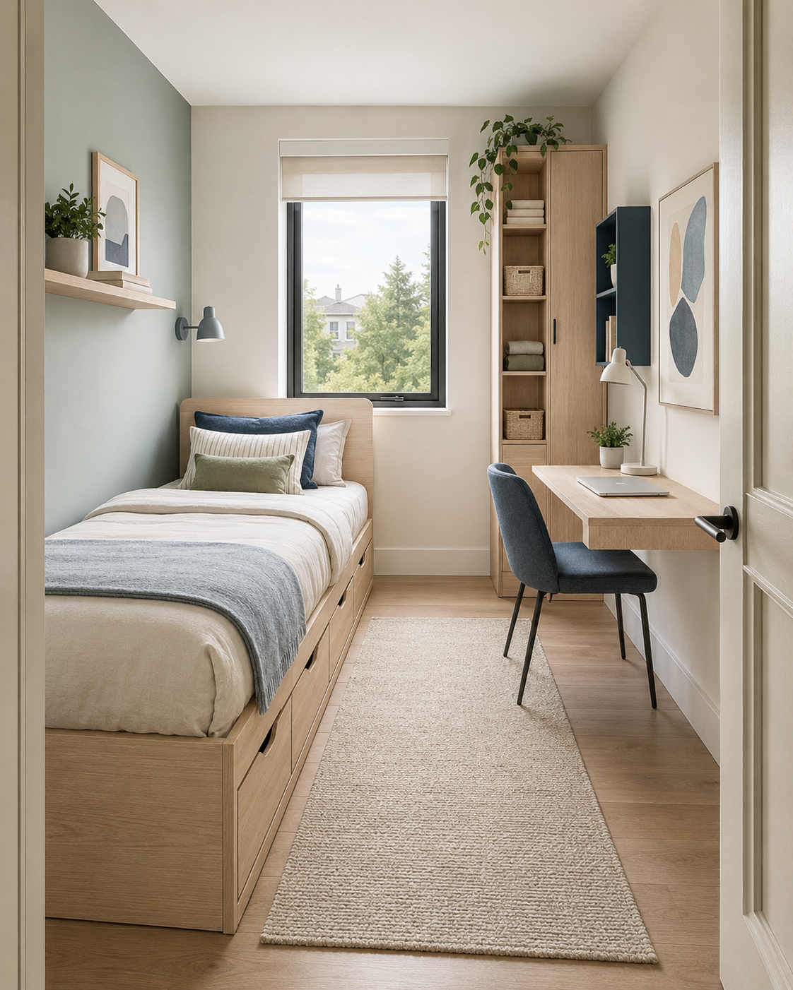 Small kids room with compact furniture, vertical storage, a study desk and clear floor space