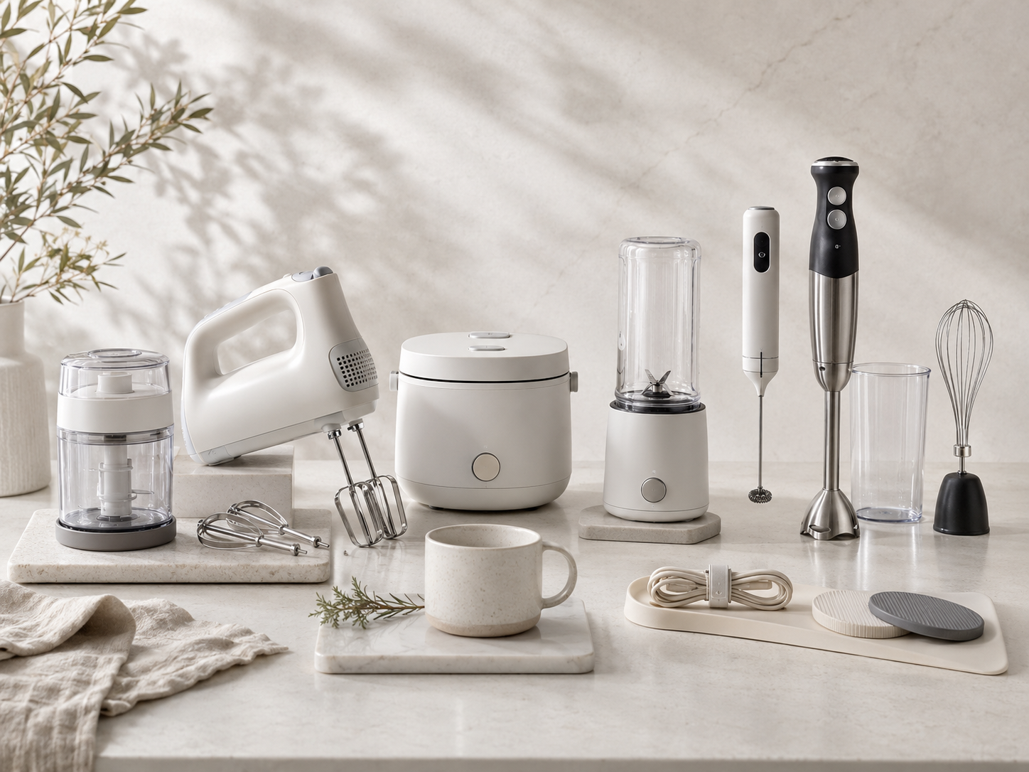 Small kitchen appliances moodboard with mini chopper, hand mixer, rice cooker, blender, frother and appliance accessories