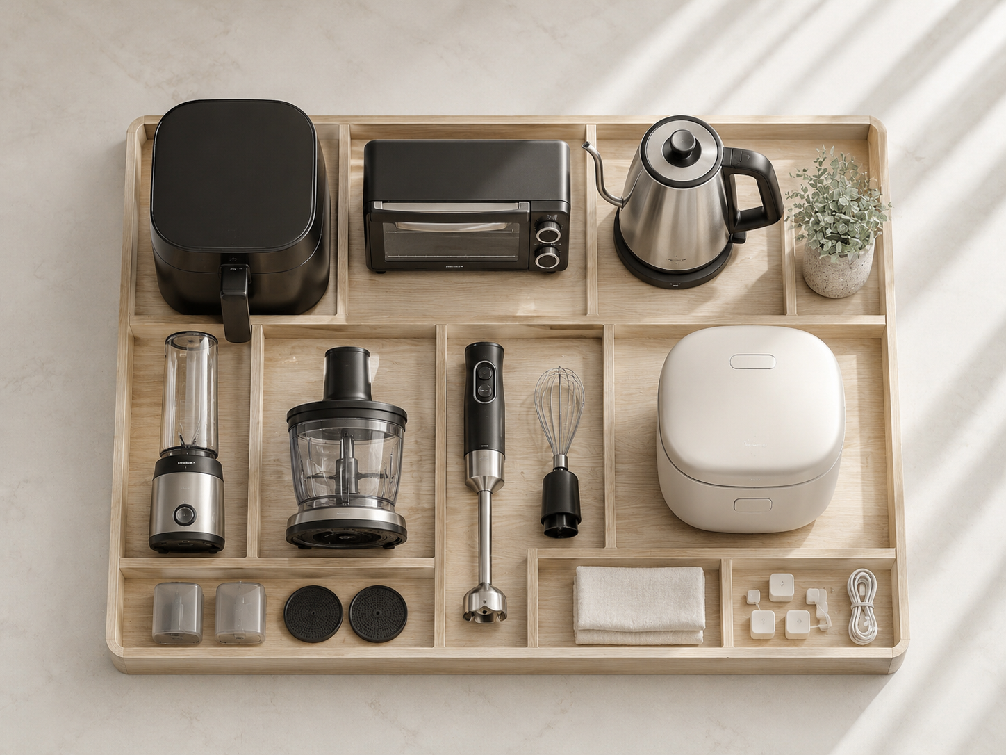 Compact appliance utility board showing air fryer, toaster oven, kettle, blender, rice cooker and counter-control accessories