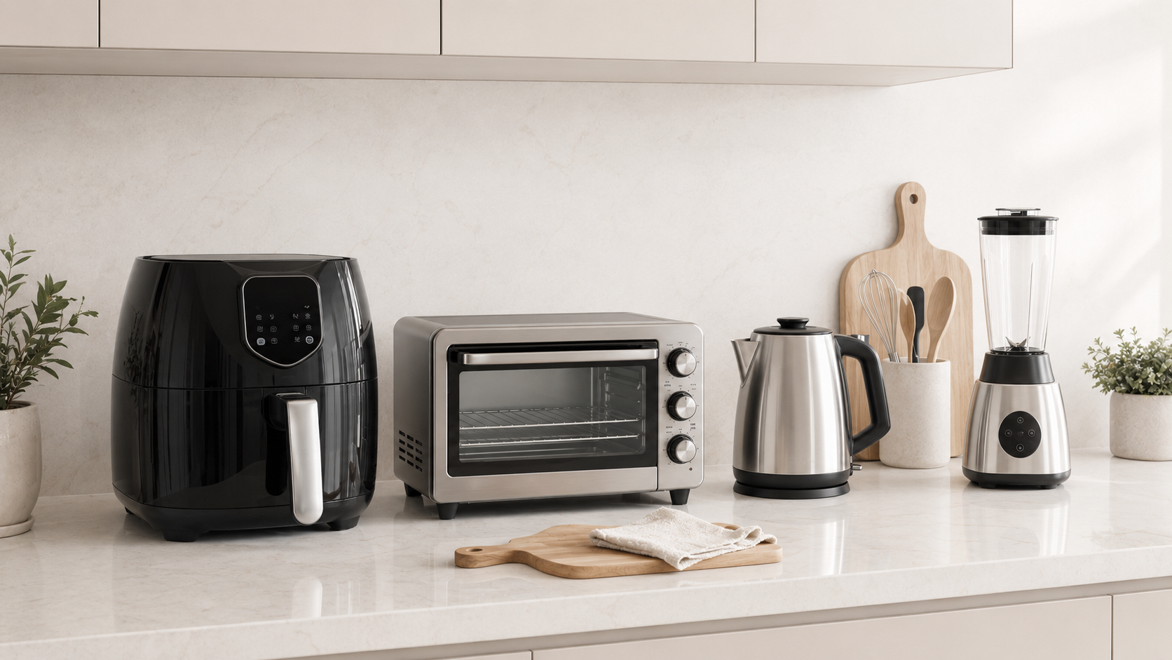 Compact small kitchen appliances including air fryer, toaster oven, electric kettle and blender on a premium neutral kitchen counter