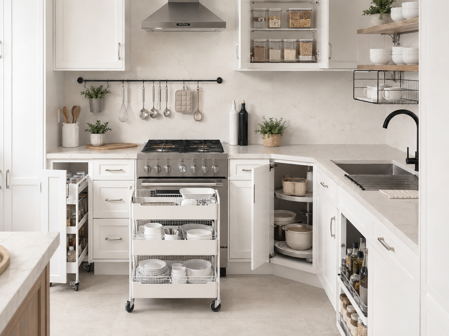 Small kitchen problem solver board with narrow storage cart, wall rail, under shelf basket, pull out cabinet organizer, stackable bins, and compact storage ideas