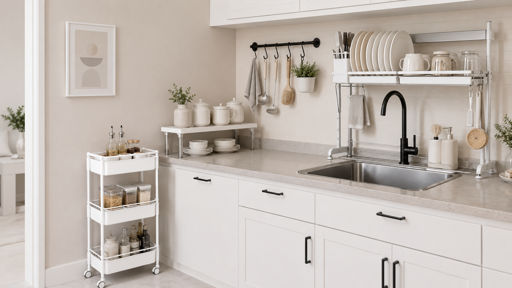 Small kitchen solutions product board with slim rolling cart, over sink dish rack, wall rail, and compact counter riser for space-saving kitchen storage