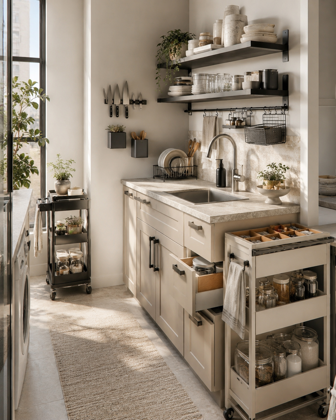 Compact neutral kitchen with slim storage cart, over-sink shelf, wall hooks, compact dish rack, and space-saving organization