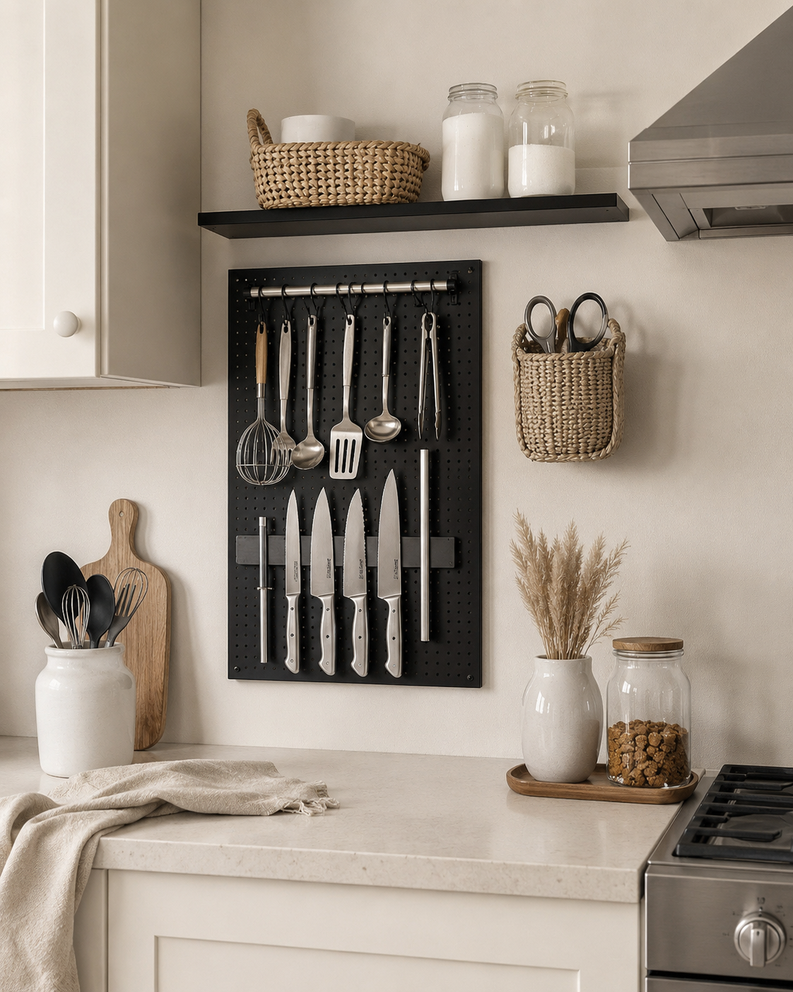 Small kitchen wall storage setup with pegboard, magnetic strip, wall basket, hooks, and narrow floating shelf