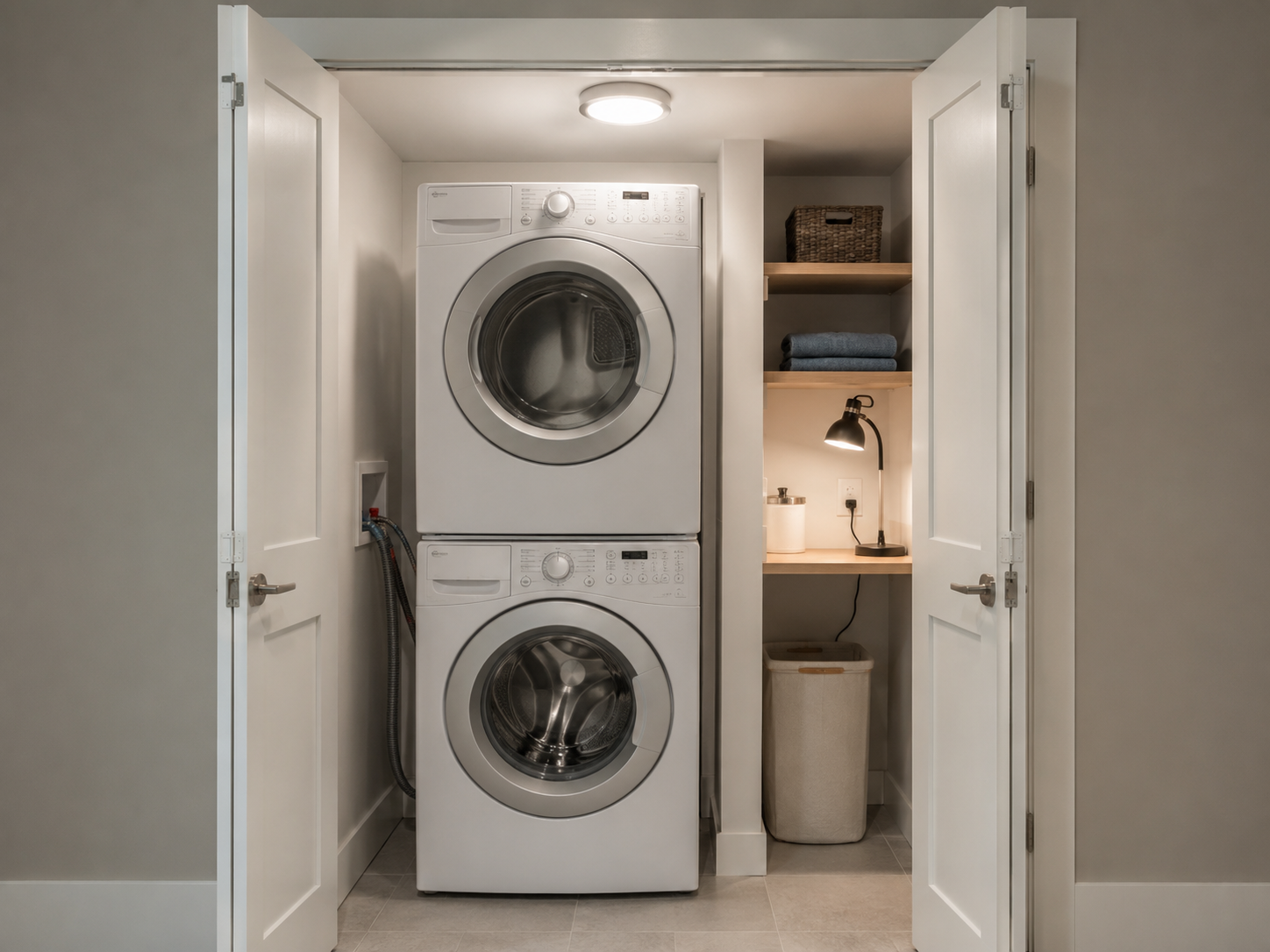 Stacked washer and dryer closet with an overhead motion light and compact task lamp in an adjacent niche.