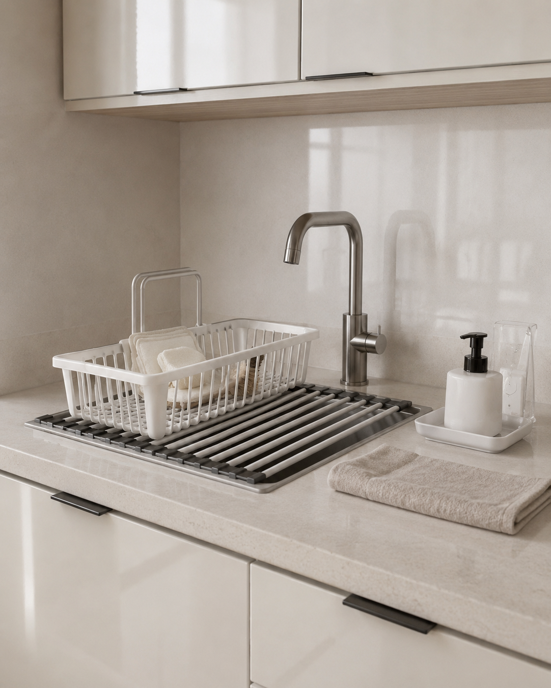 Small kitchen sink organization setup with slim sink caddy, roll-up drying rack, soap tray, and folded towel
