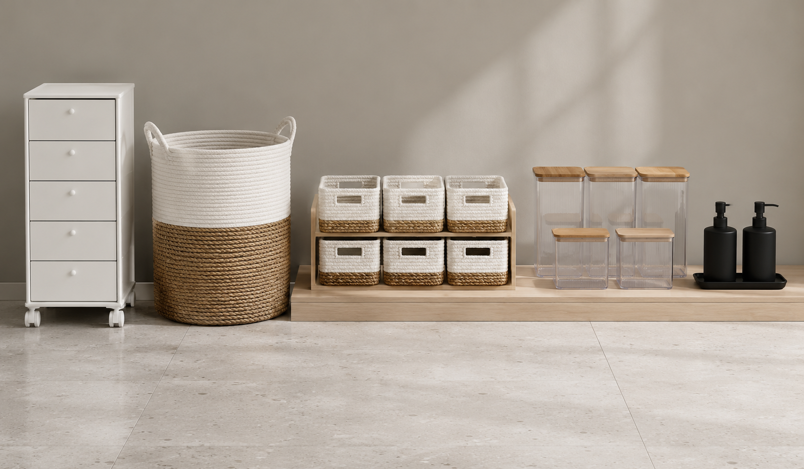 Six-drawer rolling cabinet, woven baskets, clear laundry containers and black dispensers arranged on a pale wood surface.