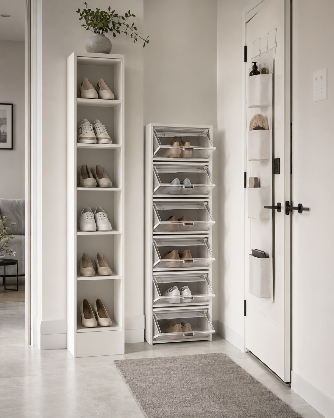 Tall white shoe tower, clear drop-front shoe organizer and over-door storage in a small entryway