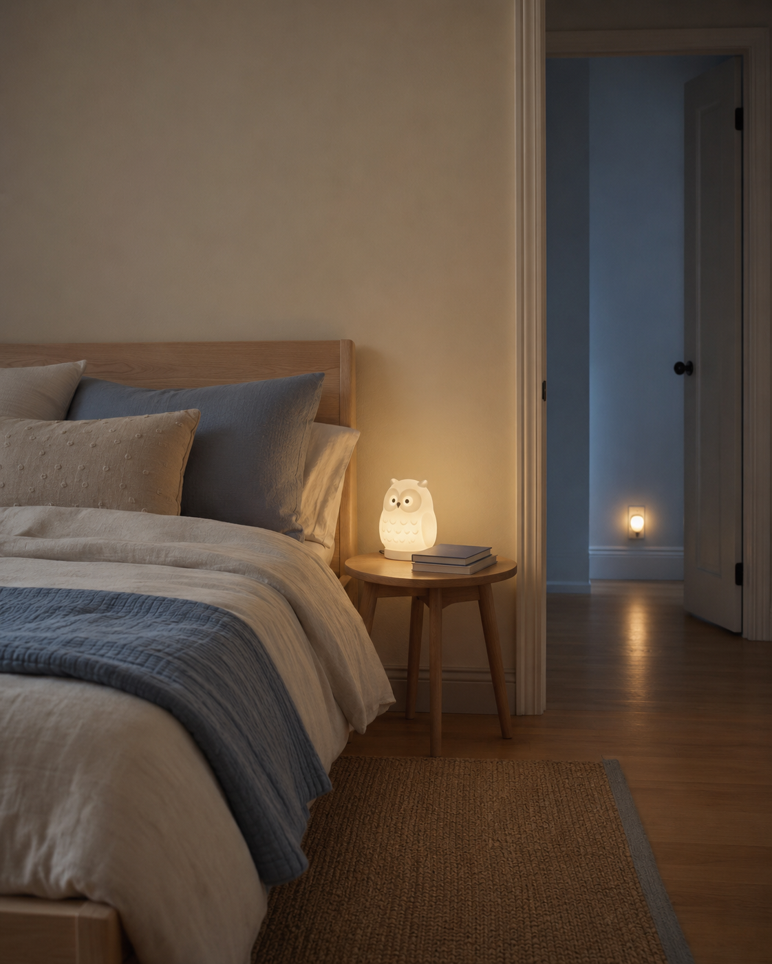 Calm kids bedroom with an owl night light beside the bed and amber plug-in light near the doorway.