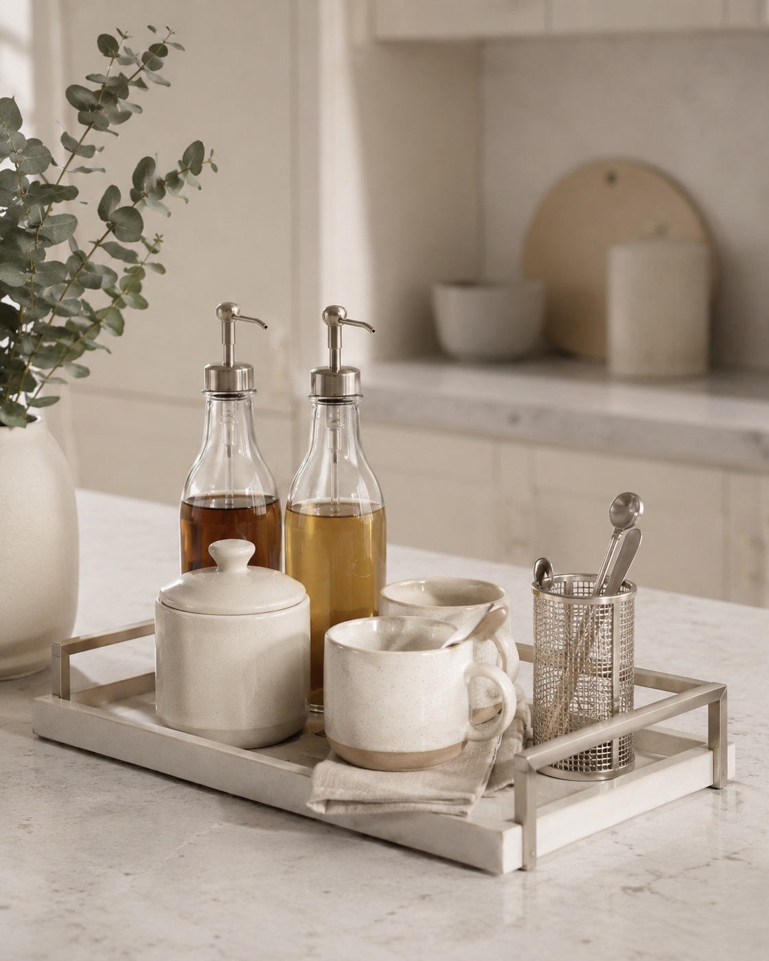 Styled coffee tray setup with glass syrup bottles, canister, mugs, spoon caddy, and neutral kitchen counter decor