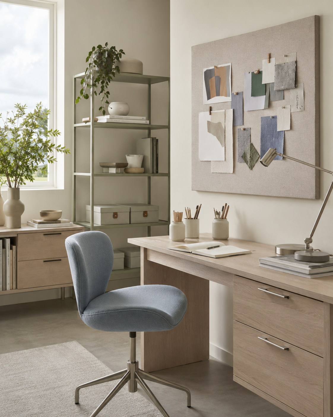 Soft creative home office with dusty blue, muted olive and an organized inspiration wall