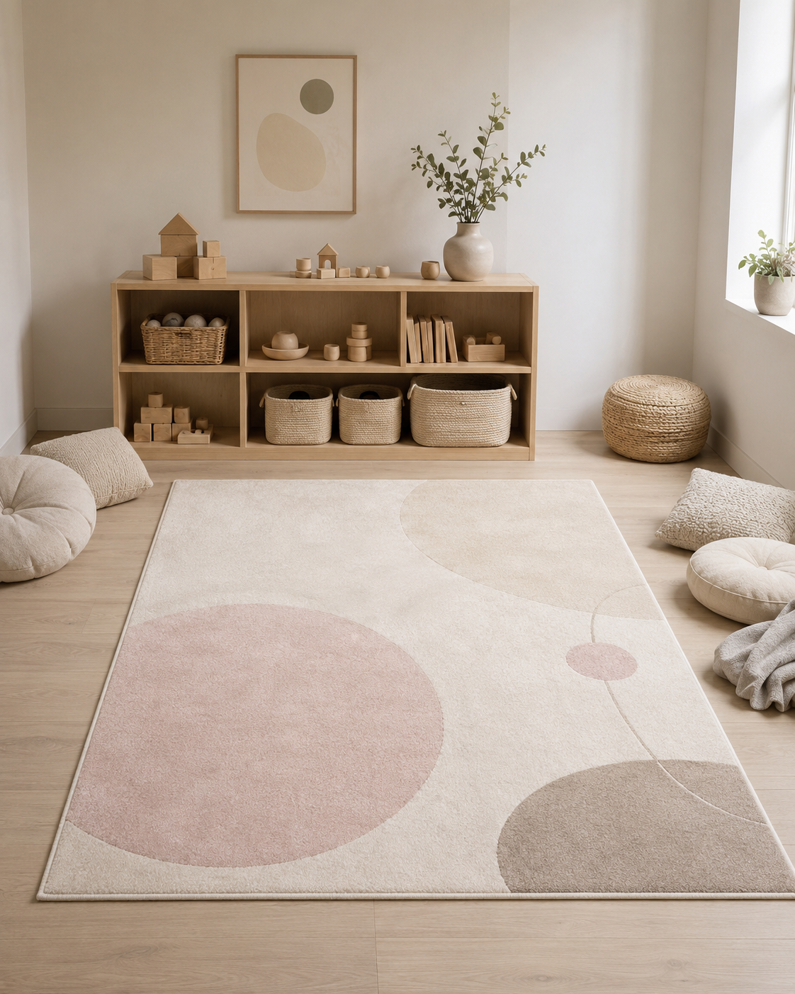 Neutral kids play corner with a soft cream and blush abstract rug, floor cushions and low toy storage.
