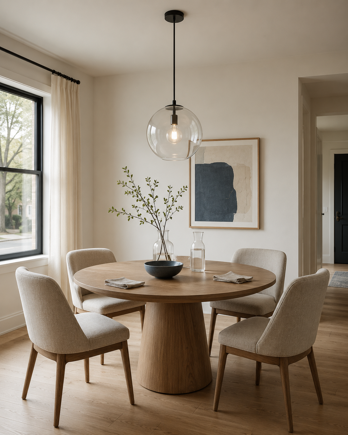 Clear glass globe pendant centred above a round wooden dining table with four upholstered chairs