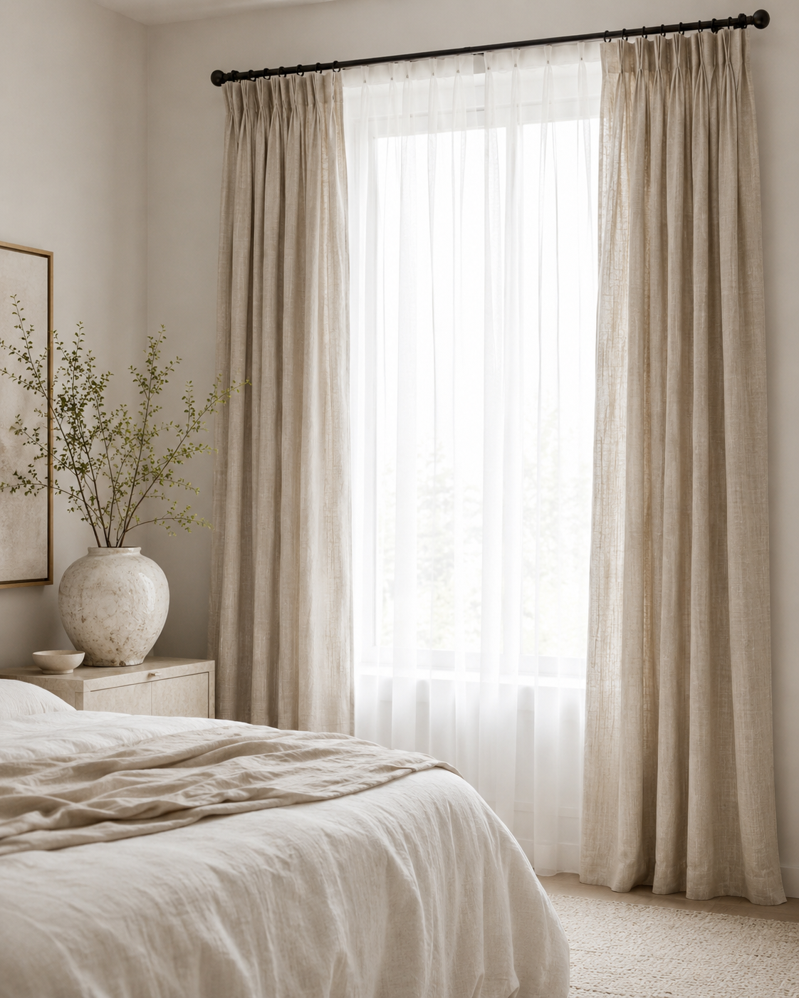 Airy bedroom window with white sheer curtains, natural linen side panels, and soft filtered daylight.