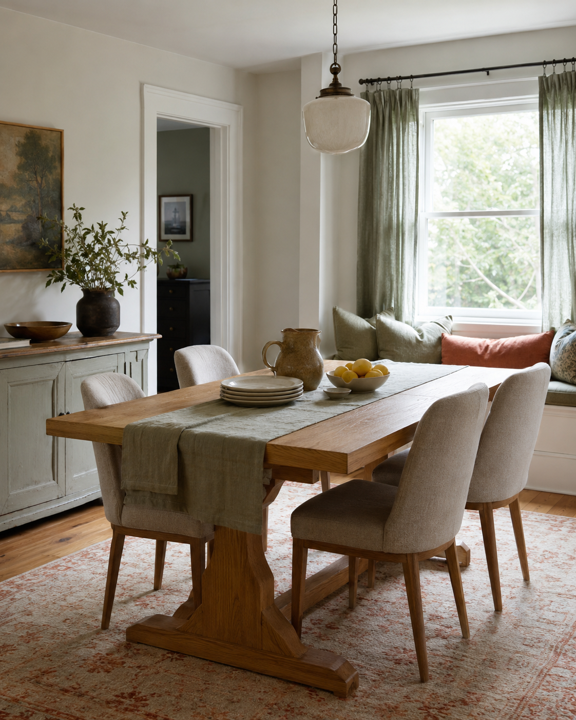 Soft organic dining room with an oak table, sage textiles, terracotta rug and built-in window bench