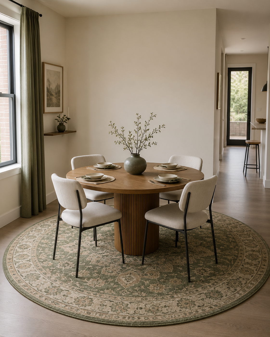 Round oak dining table with four chairs centred on a large muted green round rug