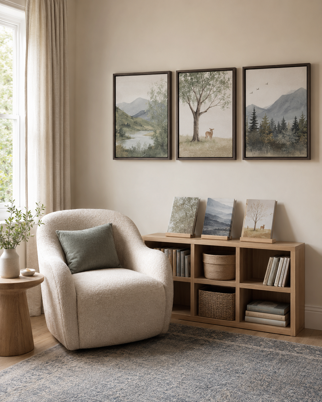 Soft storybook kids gallery wall with framed nature art, picture ledge and reading chair