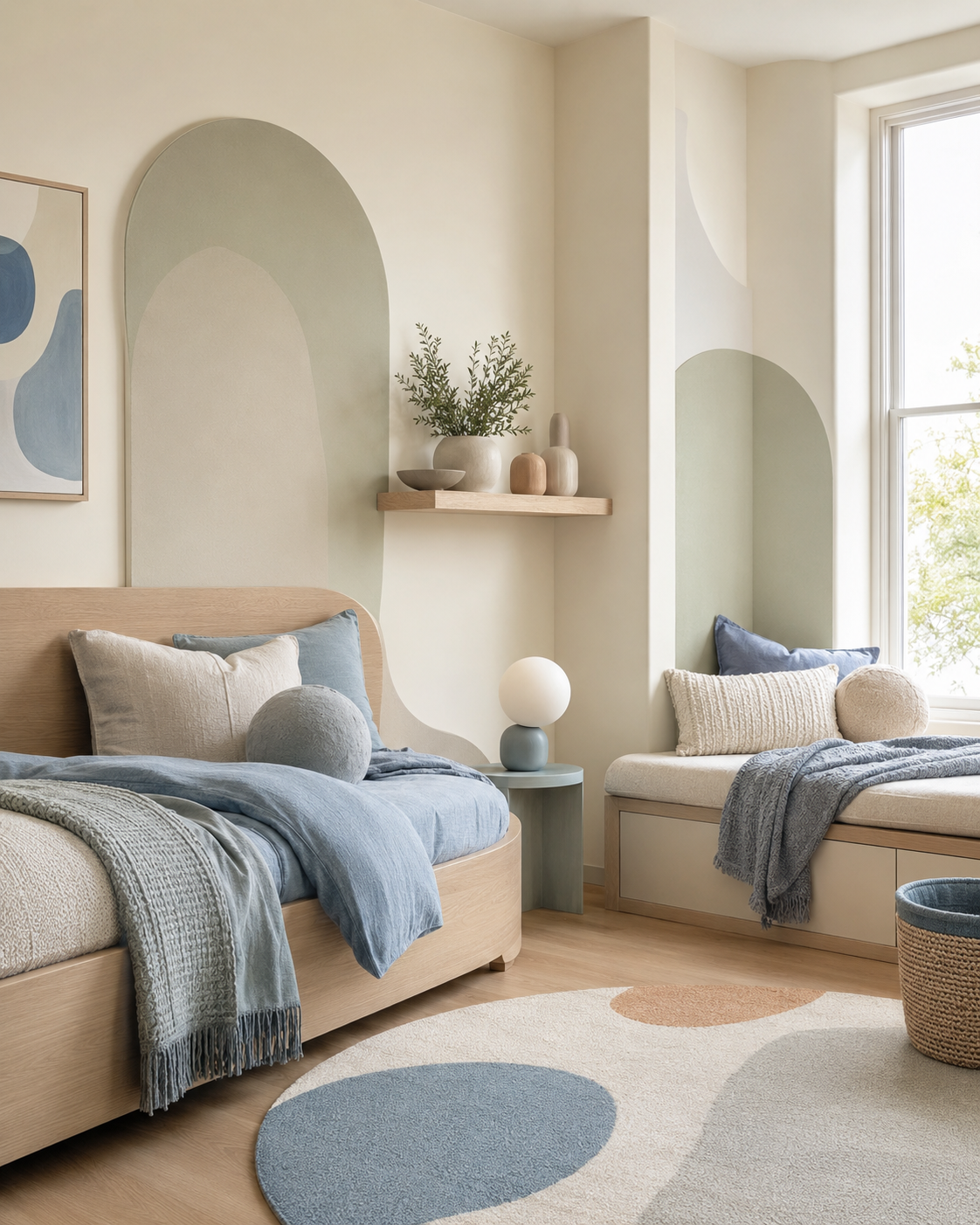 Soft storybook kids room with cream textiles, pale wood furniture and gentle dusty blue accents