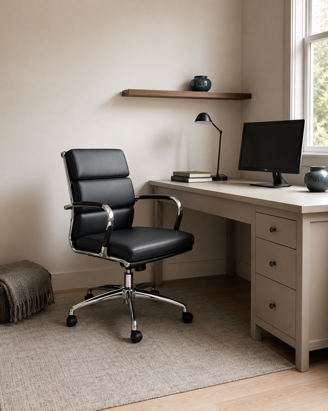 Black padded faux-leather task chair with a chrome frame in a compact neutral home office.