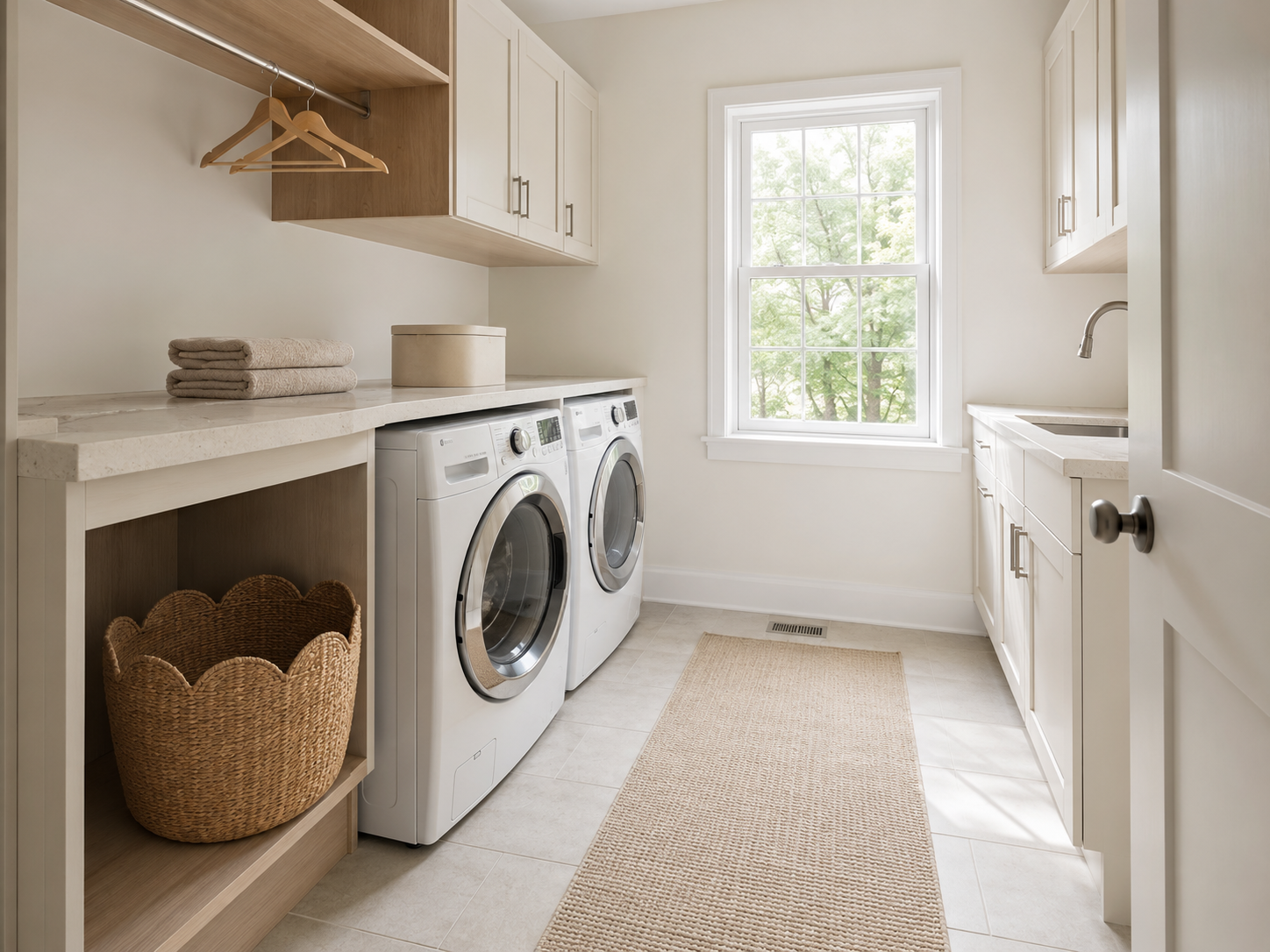 Soft ivory laundry room with scalloped woven basket and beige runner beside accessible front-loading appliances