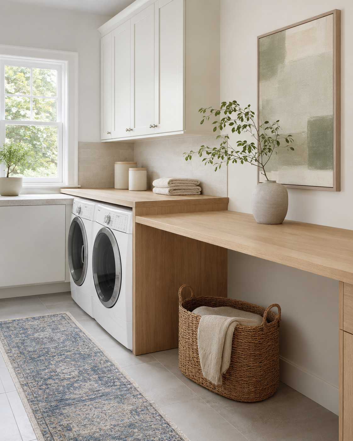 Room 910: Laundry Room Organization - Ravnora Decor Soft white laundry room with oatmeal textiles, pale oak storage and understated utility details