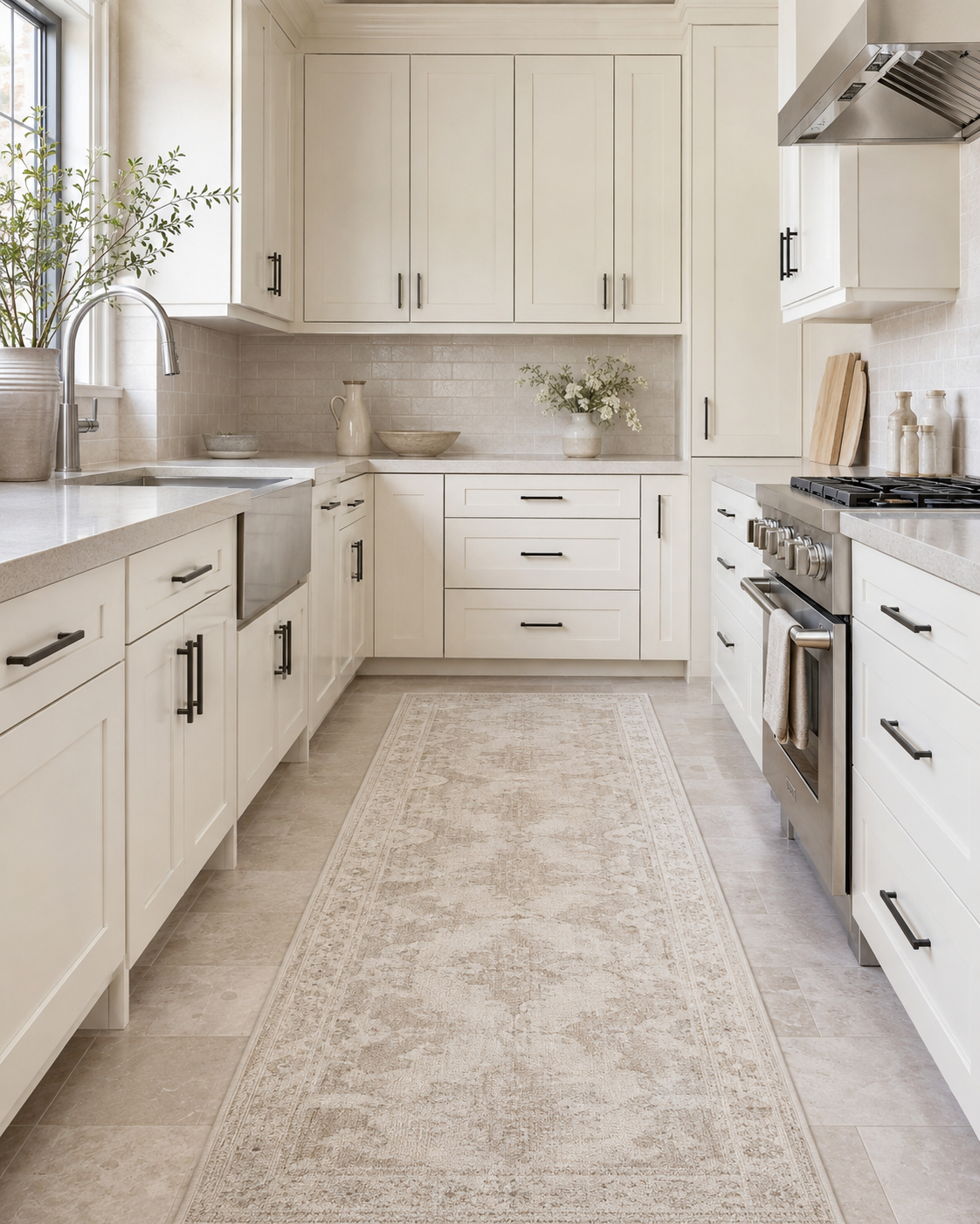 Soft neutral vintage style kitchen runner in an elegant ivory kitchen