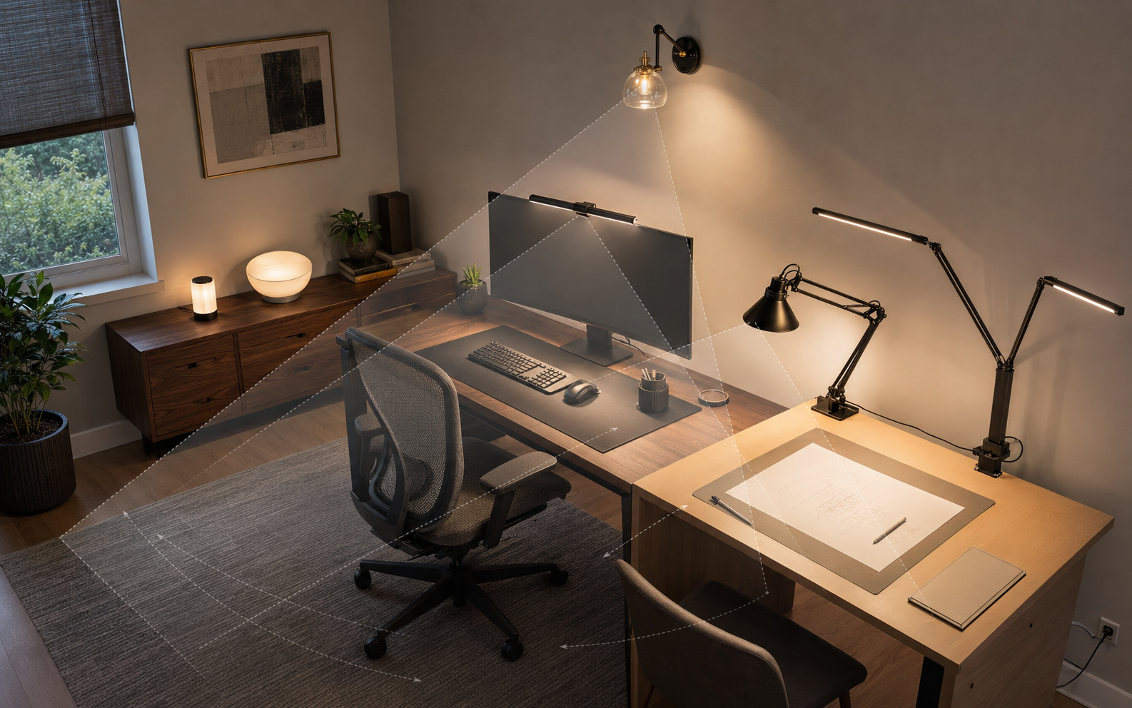 L-shaped home office showing task, monitor, wall and ambient lighting with visible beam and shadow paths.