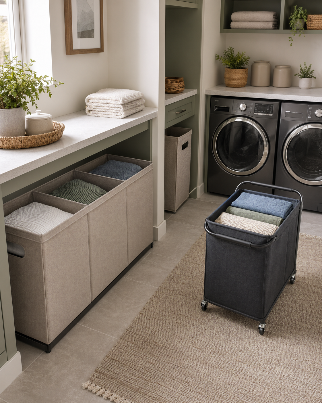 Recessed divided laundry hampers positioned beside the washing area without blocking the walkway